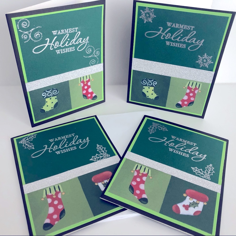 3/$30 New Set of 4 Handmade Christmas Holiday Cards Embossed Artisan Unique Gift